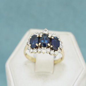18k Solid Yellow Gold Oval 3 Three Stone Sapphire Diamond Accent Halo Ring Siz 7